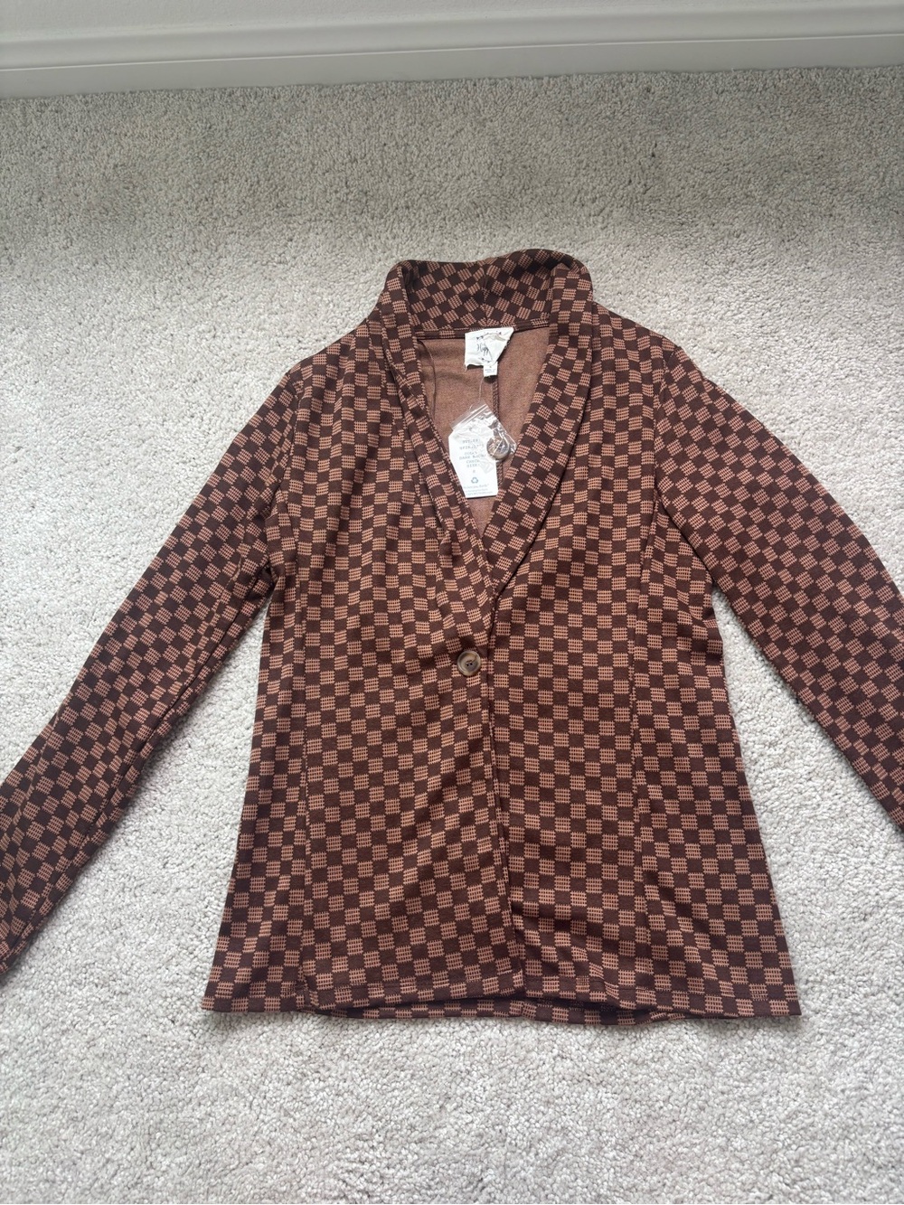 Hippie Rose Checkerboard Knit Shawl-Collar Blazer - Brown